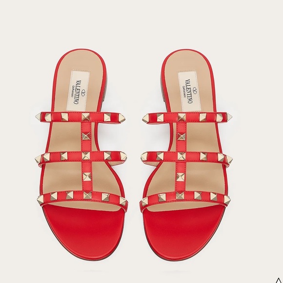 • Valentino Garavani • Rockstud Flat Calfskin Slide Sandal Rosso Red 38.5 Women - Picture 3 of 9